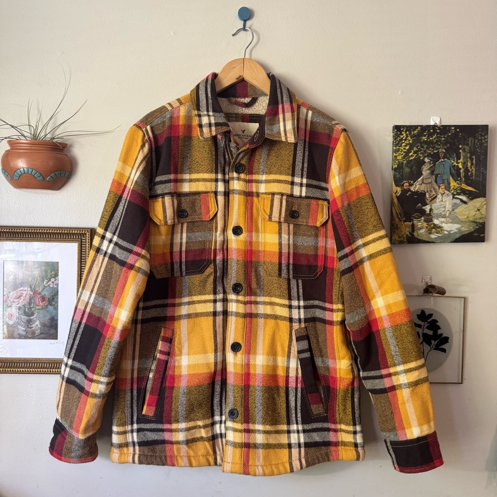 American Eagle Outfitters Yellow Flannel Sherpa Lined Shirt Jacket